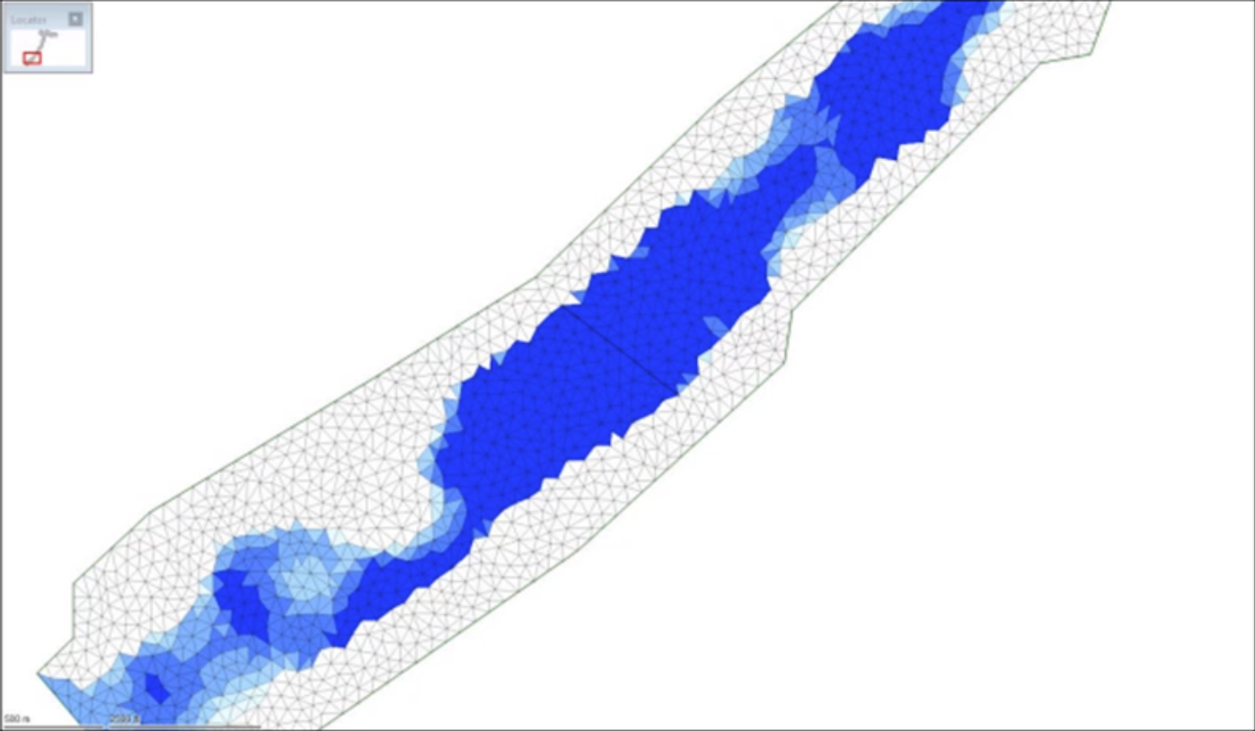 A GeoPlan view of an example 2D river model, with flooding results displayed in various shades of blue triangles.