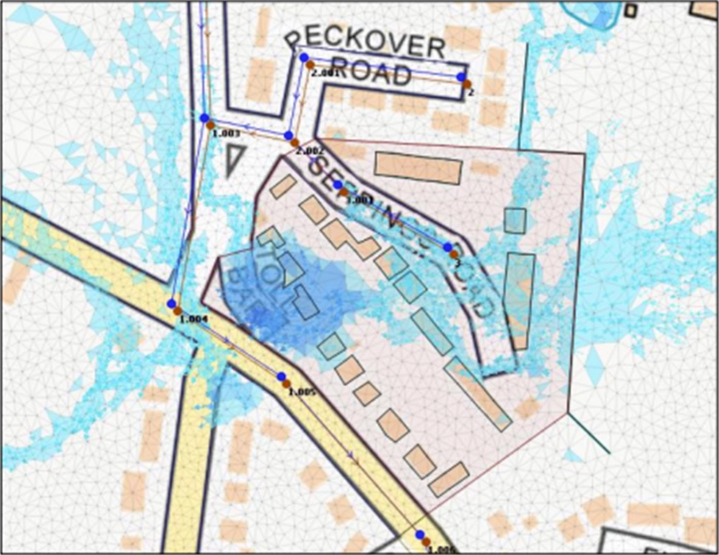 A GeoPlan view of an example 2D flood model, the possible impacts of which are shown in blue triangulations.