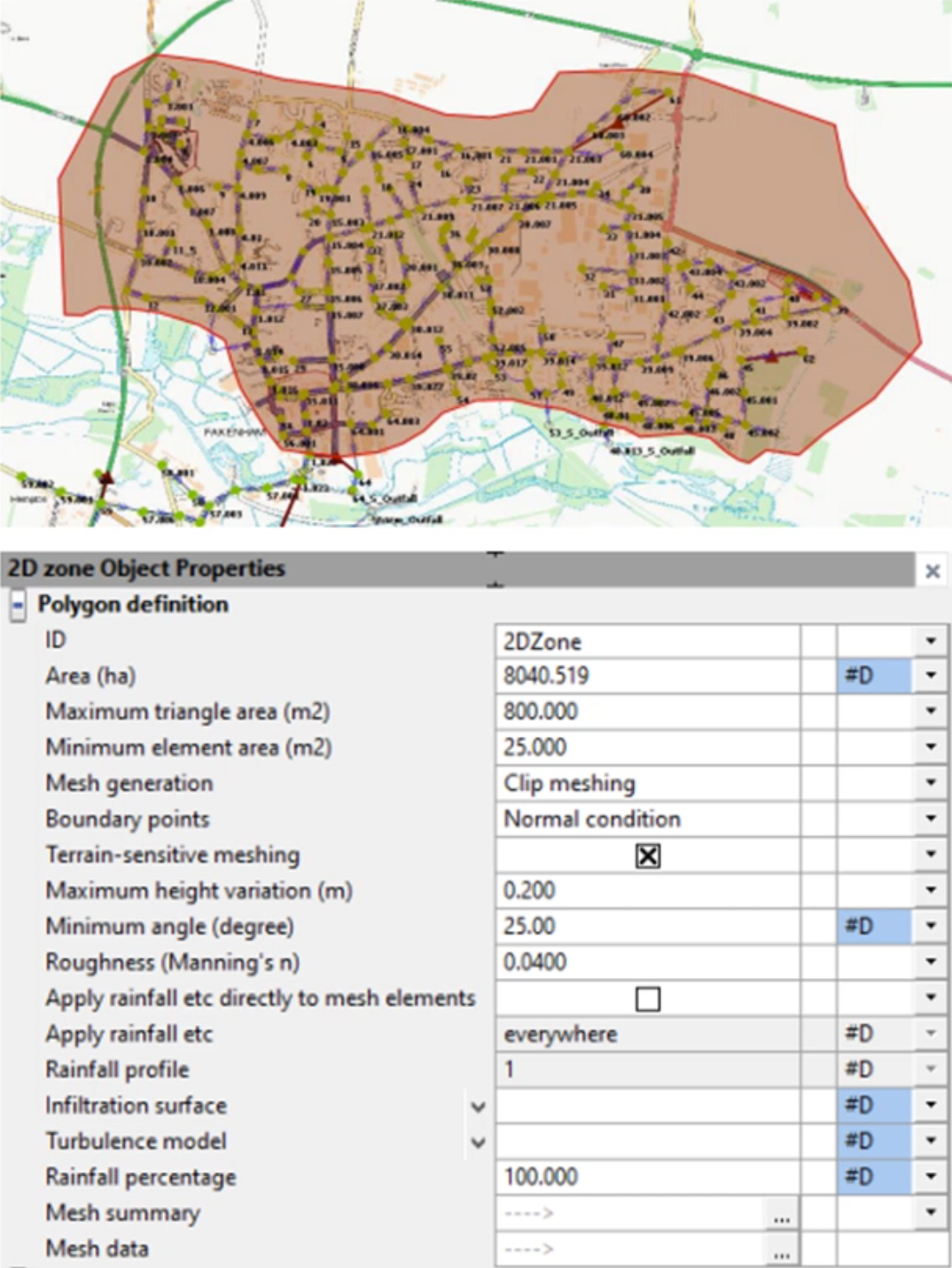 In the GeoPlan, a defined 2D zone, and below it, the relevant Polygon definition settings in the 2D zone Object Properties window.