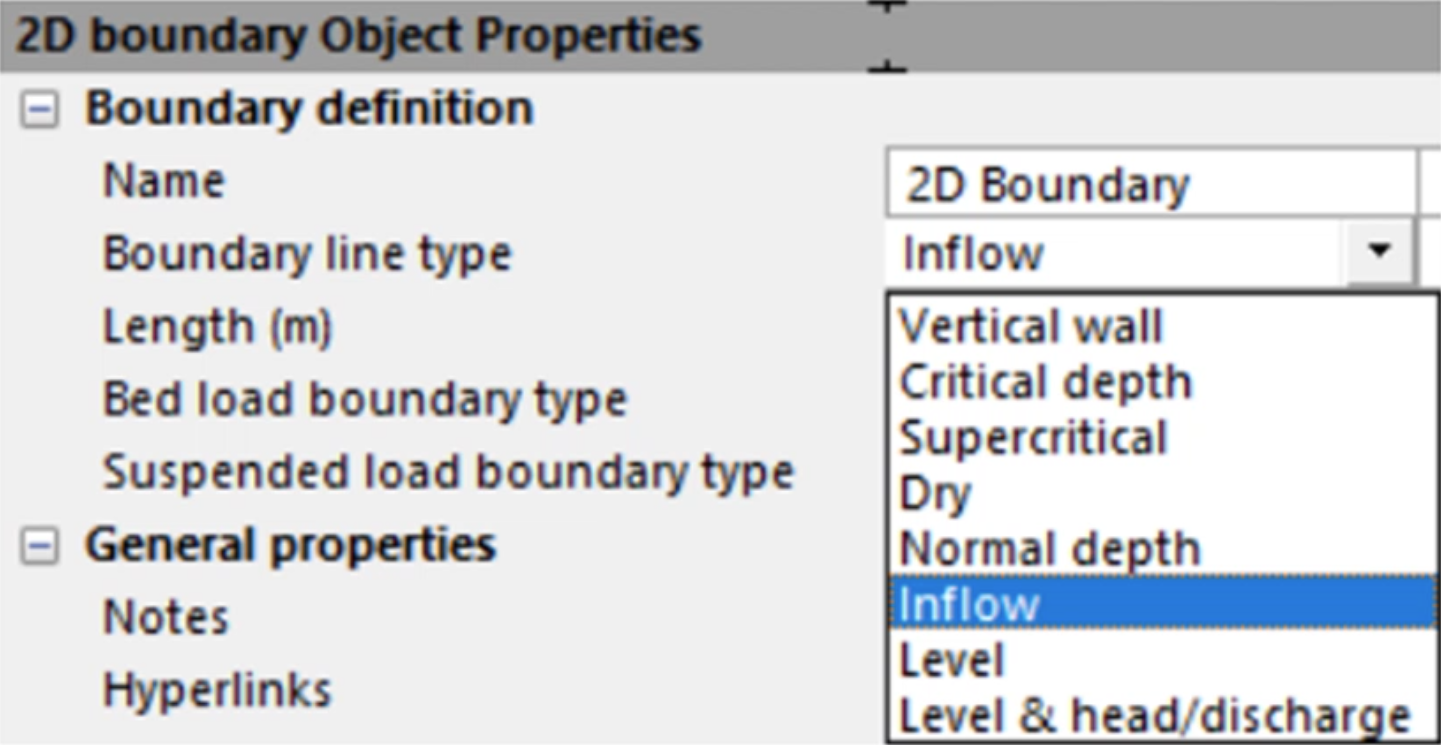 An area of the Properties window for a 2D boundary object, with the Boundary line type drop-down expanded and Inflow selected.