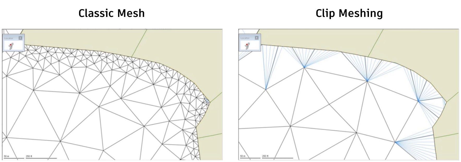 A comparison of the two techniques of meshing—classic mesh and clip meshing—along a detailed river bank.