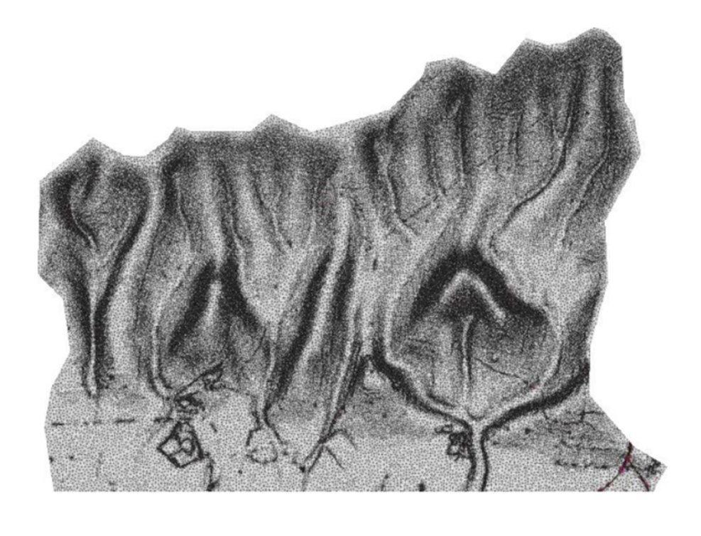 An image of terrain-sensitive meshing, with darker regions indicating areas of small dense elements.