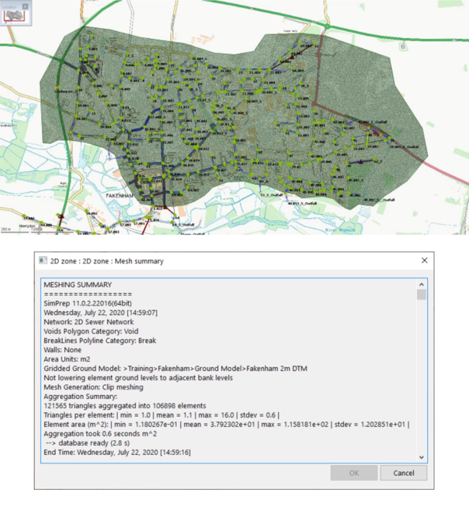 In the GeoPlan, a 2D sewer network after mesh generation, and below it, the 2D zone Mesh summary for the job.