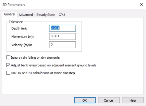 The 2D Parameters dialog open to the General tab of options.