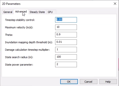 The 2D Parameters dialog open to the Advanced tab of options.