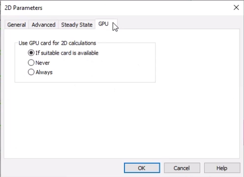 The 2D Parameters dialog open to the GPU tab, in which there are three options under Use GPU card for 2D calculations, and it is set to If suitable card is available.