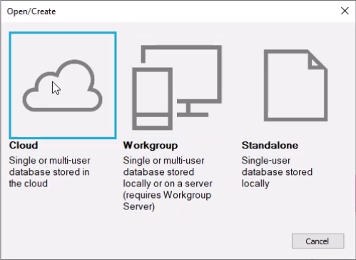 The Open/Create dialog with Cloud selected as the type of database.