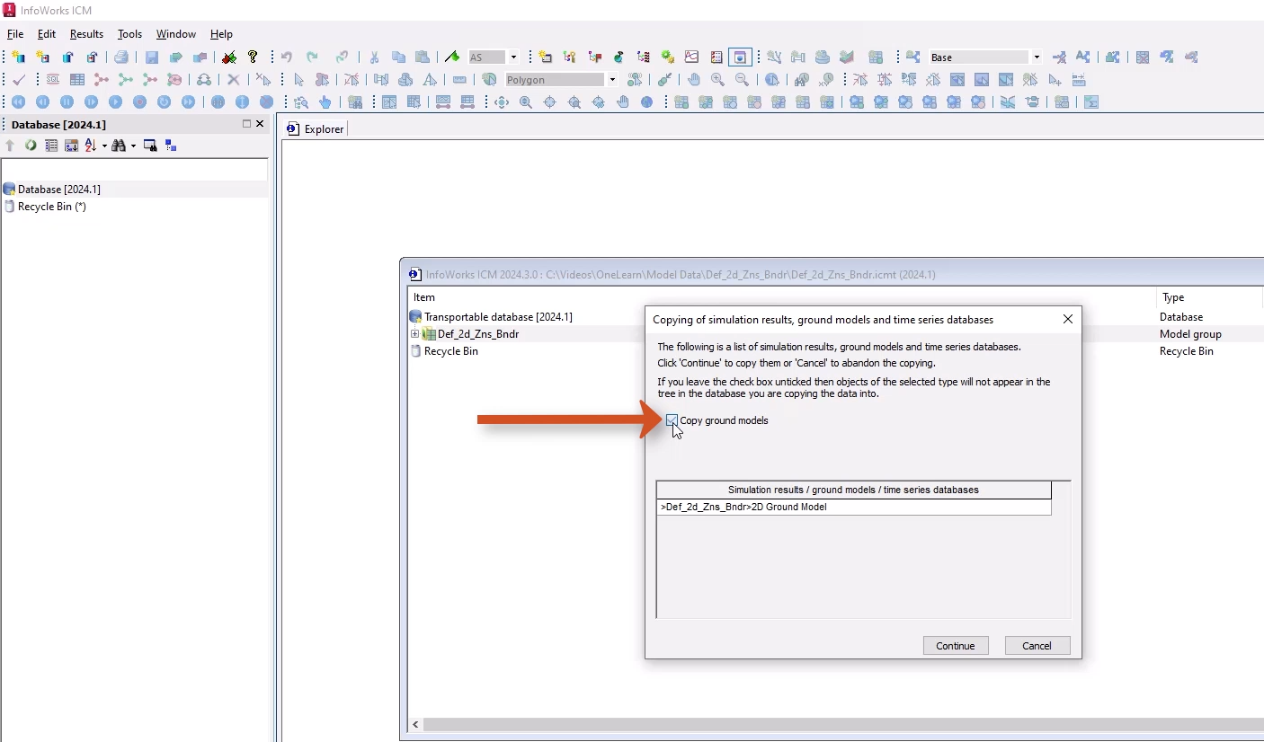 In the InfoWorks ICM interface, the Copying popup with Copy ground models selected and called out, and in the background, the open transportable database window.