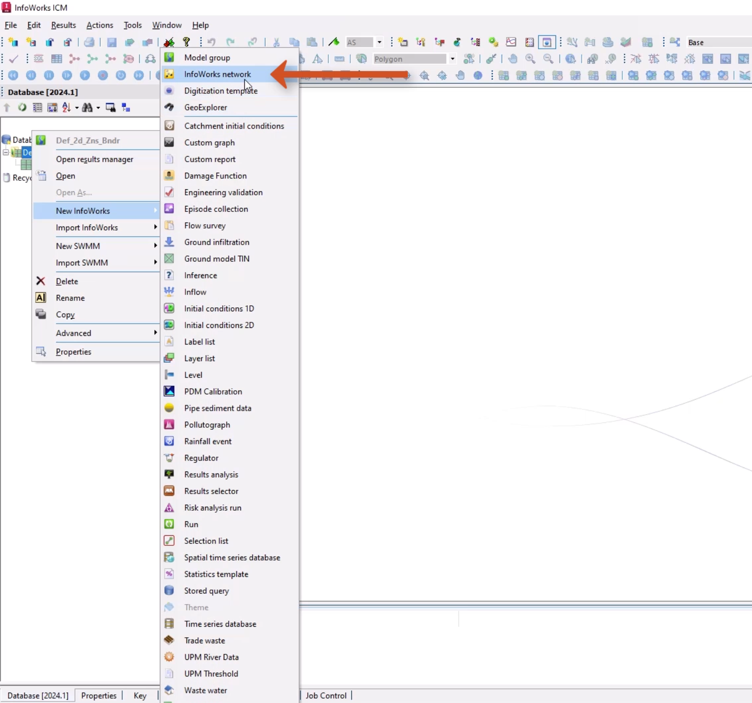 In the Database, New InfoWorks selected in the new model group shortcut menu, and in the flyout, InfoWorks Network selected and called out.