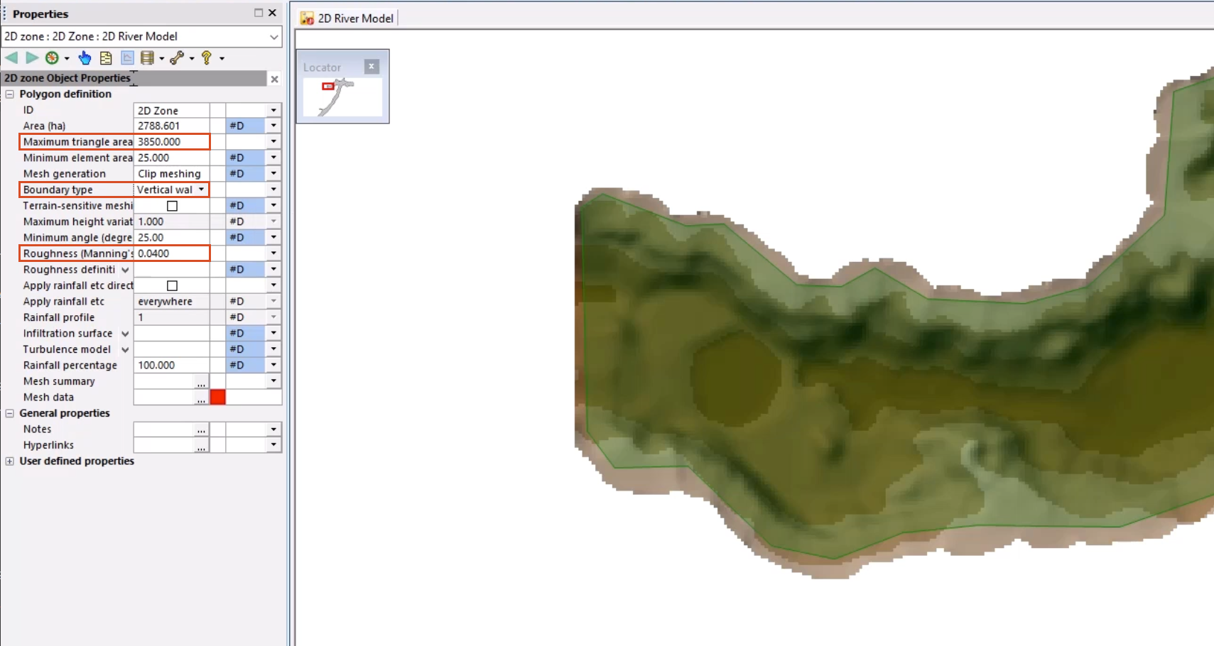 In the Properties window, the Maximum triangle area, Boundary type and Roughness (Manning’s n) set, with an inline validation error in the Mesh data field; and in the GeoPlan, the defined 2D zone visible on the ground model.