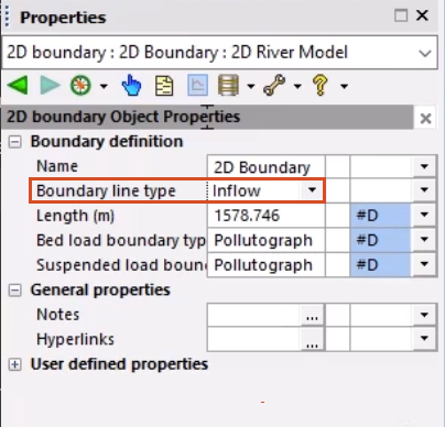 The Properties window with the Boundary line type set to Inflow and highlighted in red.