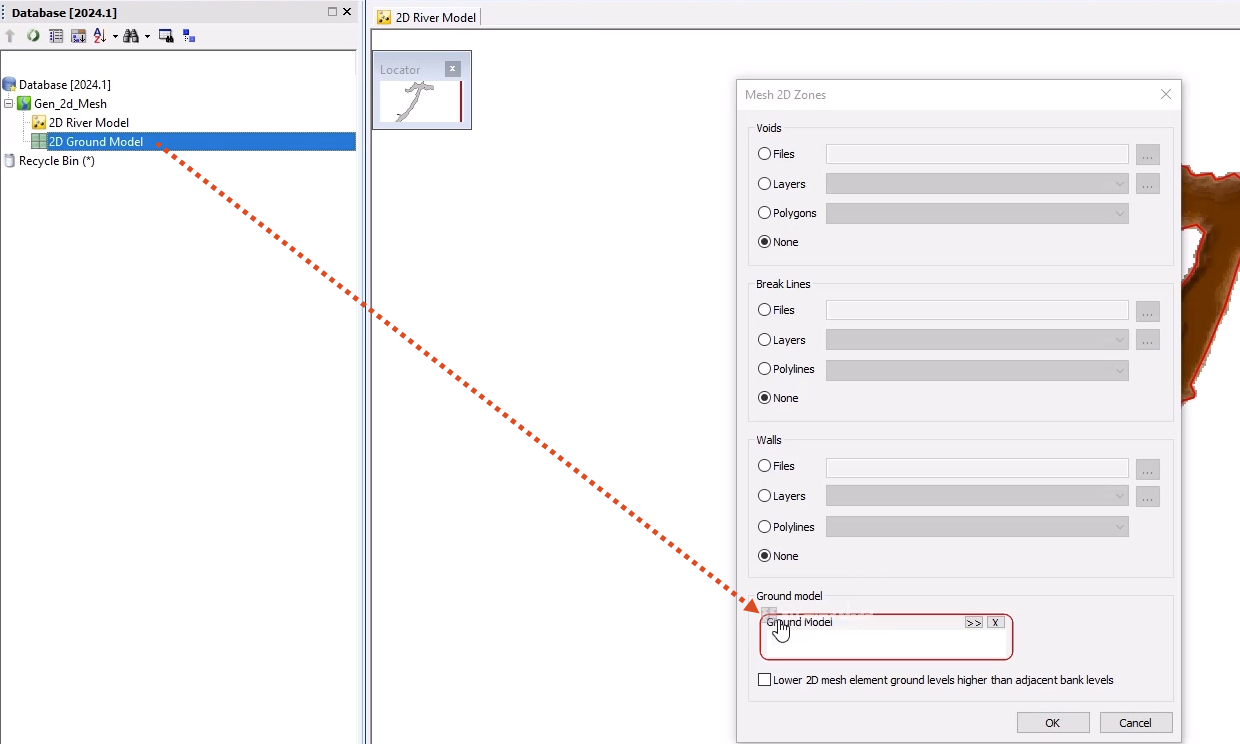 A red arrow showing the path of the 2D Ground Model from the Database to the Mesh 2D Zones dialog box, where it is being dropped into the Ground Model group box.