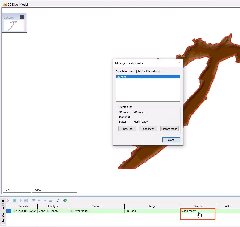 In the Job Control window, the mesh job is listed and Mesh ready is being selected to open the Manage mesh results dialog box, which is open on the GeoPlan.