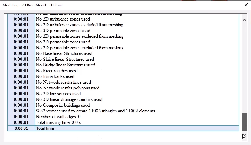 The mesh log showing details for the mesh job, including the minimum triangle area and the number of triangles and elements.