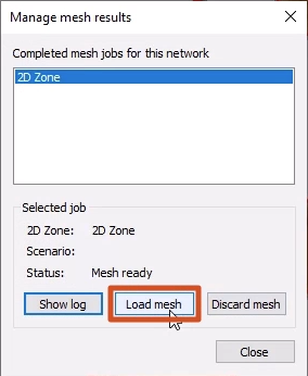 The Manage mesh results dialog box with the 2D Zone mesh job selected, and Load mesh selected and highlighted in red.