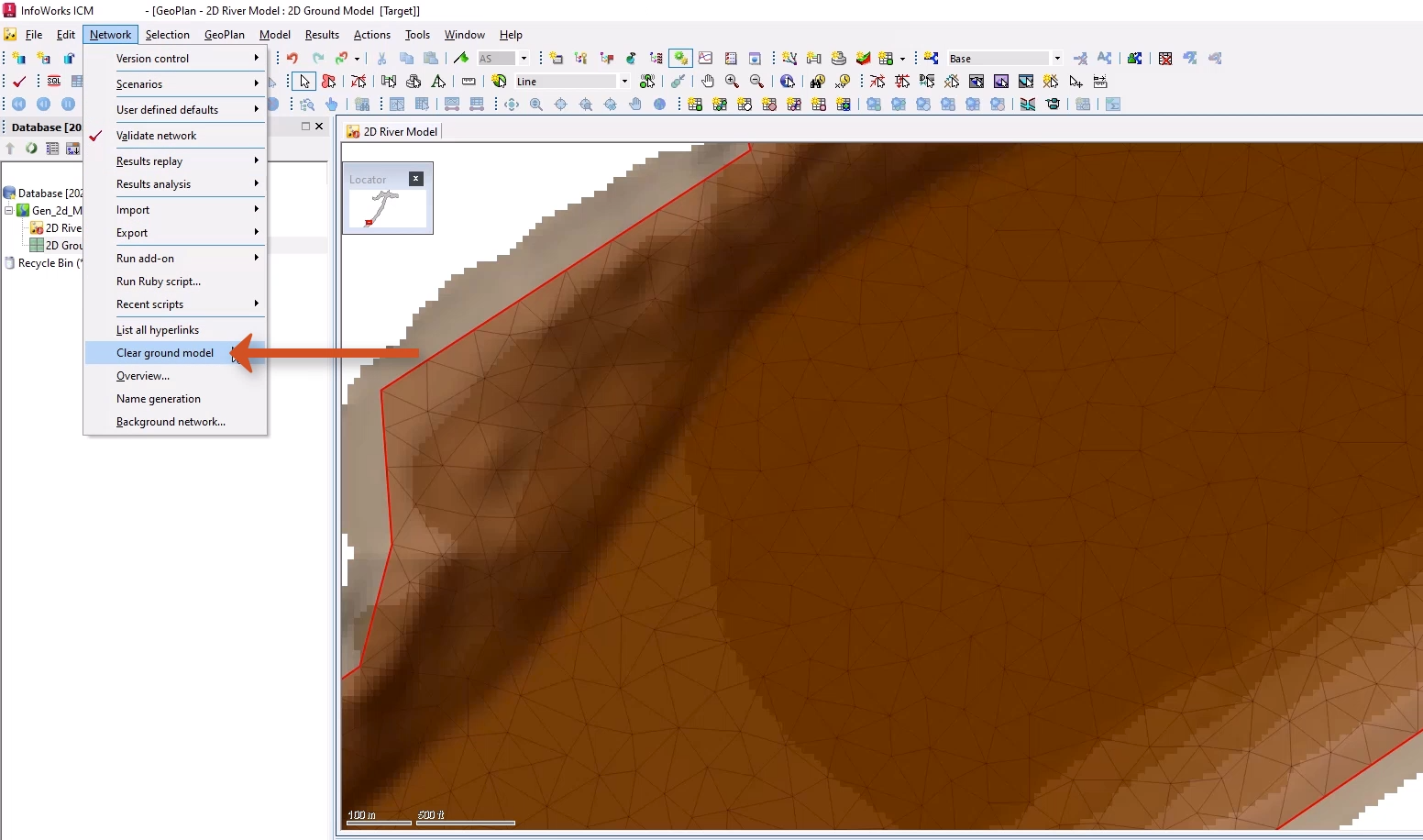 The GeoPlan zoomed in to the meshed 2D Zone, currently obscured by the ground model, and the Network menu expanded with Clear ground model selected.