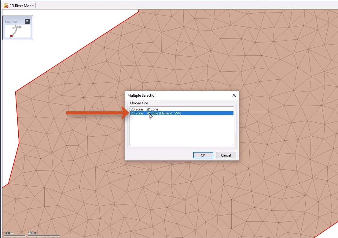 The Multiple Selection dialog box with the element for this exercise selected and called out, and in the background, the meshed 2D zone with the ground model removed for a clear view of the 2D triangles making up the mesh.