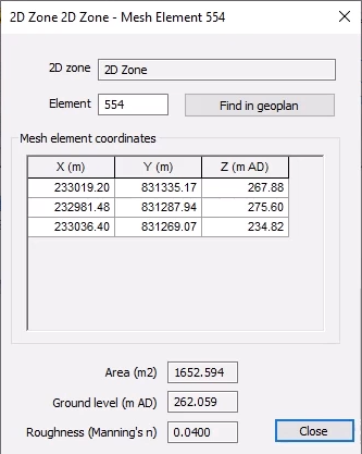 The 2D Zone – Mesh Element dialog box with information for the selected element, including a table of Mesh element coordinates, Area, Ground level and Roughness.