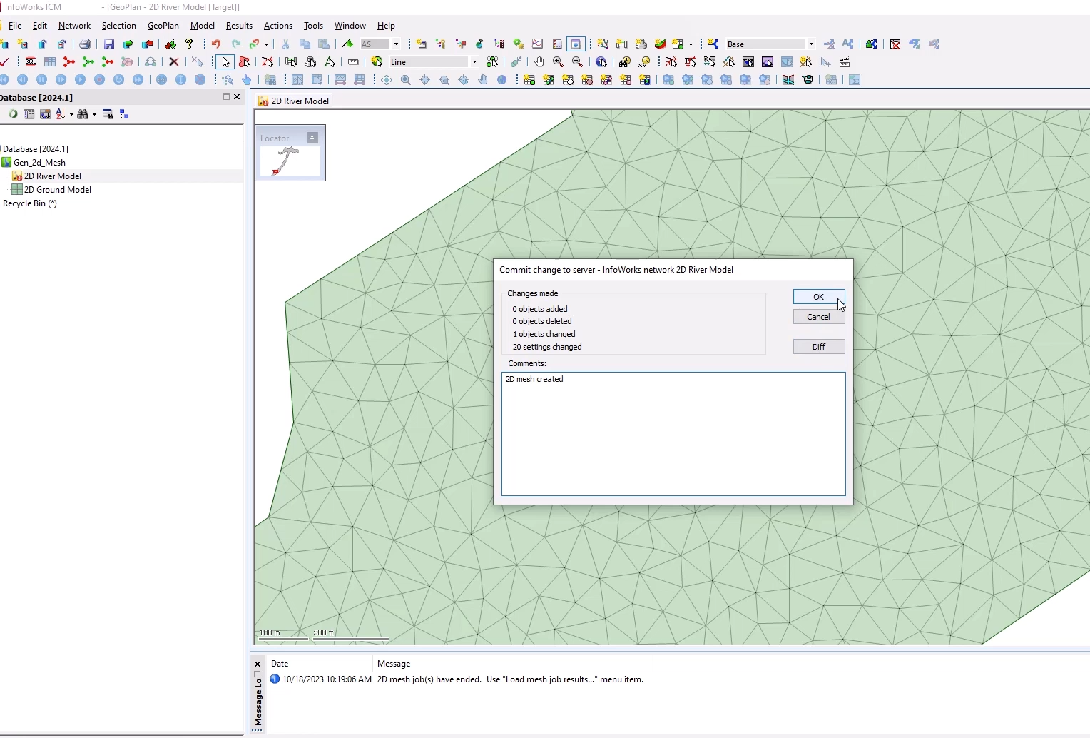 In the Commit change to server popup, the comment “2D mesh created” entered and OK selected, the Message Log with a note that “2D mesh job(s) have ended” and in the GeoPlan, the meshed 2D zone.