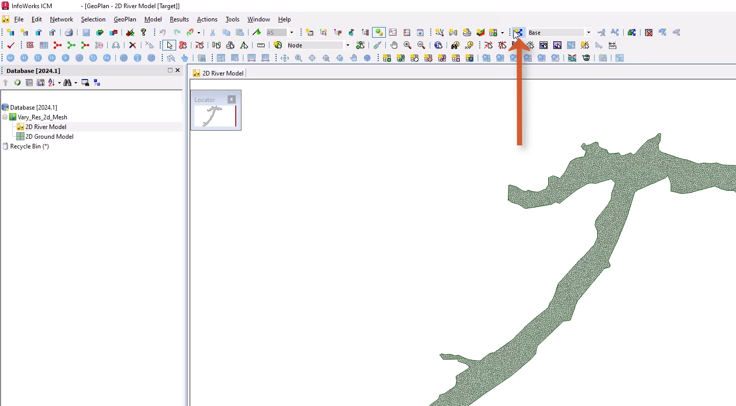 The InfoWorks ICM interface with the 2D River Model and 2D Ground Model open on the GeoPlan with a 2D mesh applied, and in the Scenarios toolbar, Create scenario selected and called out.