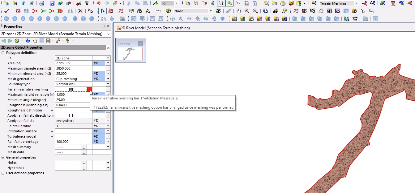 On the GeoPlan, the 2D zone selected, and in the Properties window, Terrain-sensitive meshing selected, with the cursor hovering over the resulting inline validation error to display the details.