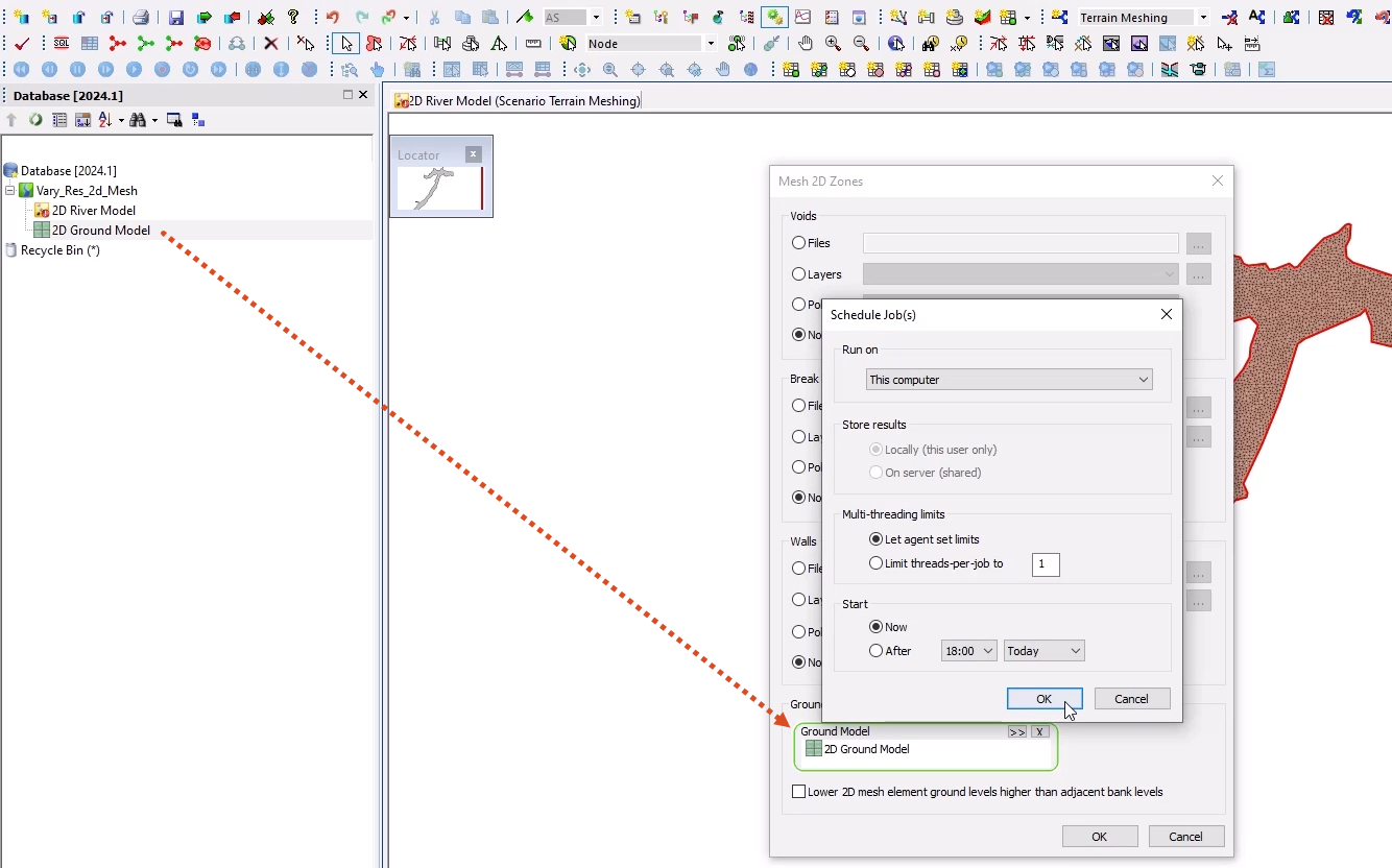 The Schedule Job(s) dialog box with OK selected, and in the background, a red arrow showing the path of the 2D Ground Model from the Database to the Mesh 2D Zones dialog box, where it was dropped into the Ground Model group box.