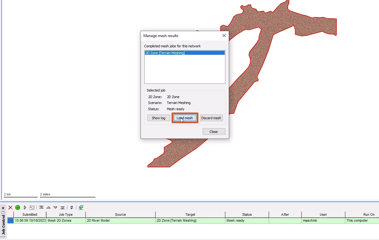 In the Job Control window, the mesh job for the terrain-sensitive meshing appears, and in the Manage mesh results dialog box, Load mesh is selected and highlighted in red.