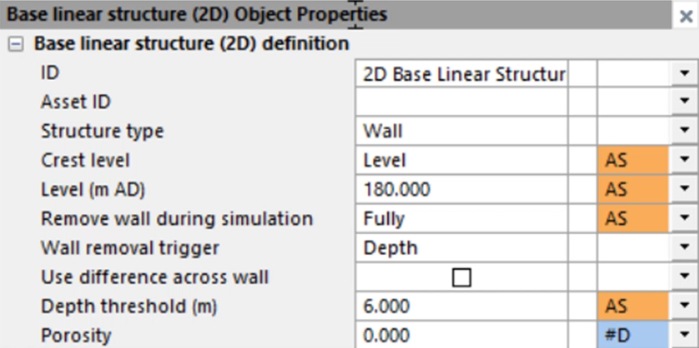 The Properties window for a Base linear structure (2D) object, zoomed in to the definition settings, including Structure type, Level, and Porosity.