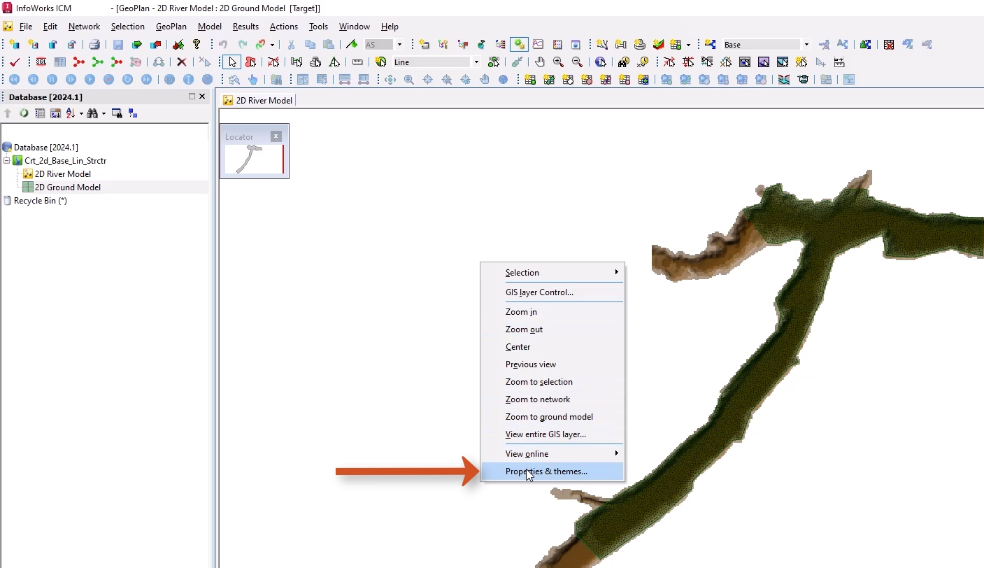 In the InfoWorks ICM interface, the 2D river model and ground model open on the GeoPlan, and in the GeoPlan shortcut menu, Properties & themes selected and called out.