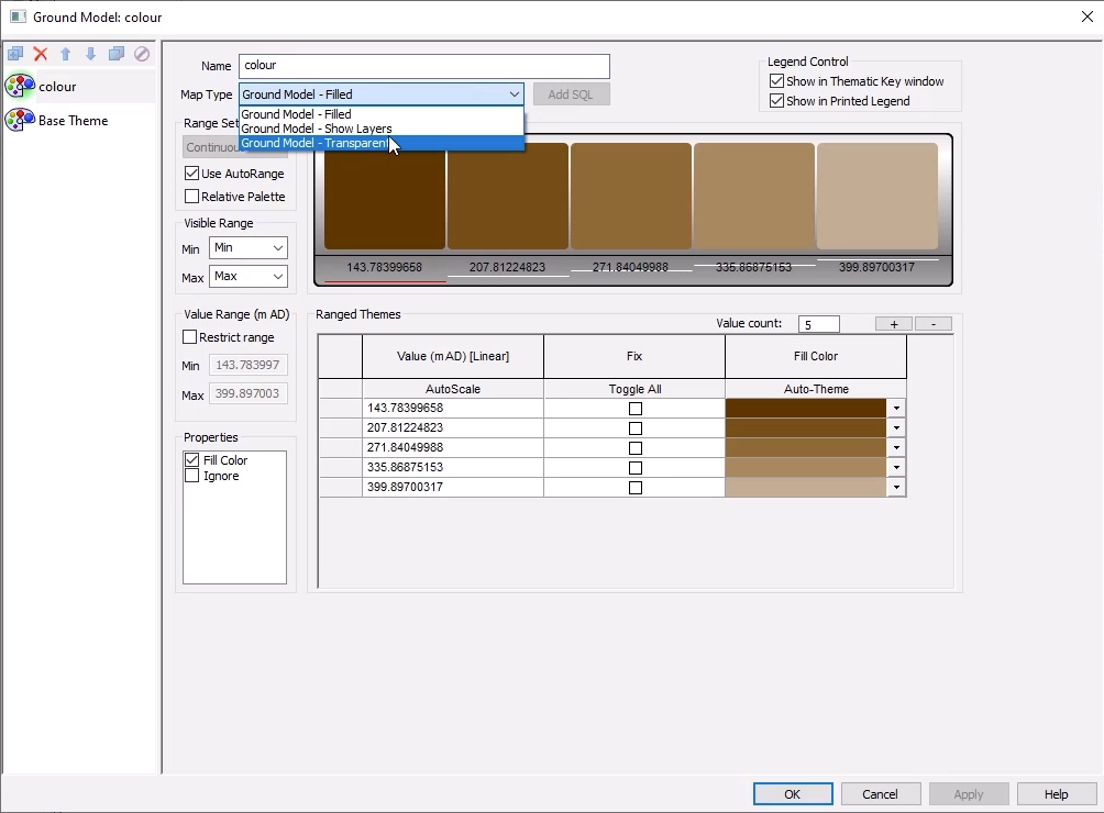 The Layer Theme Editor with the Map type drop-down expanded and Ground Model - Transparent selected.