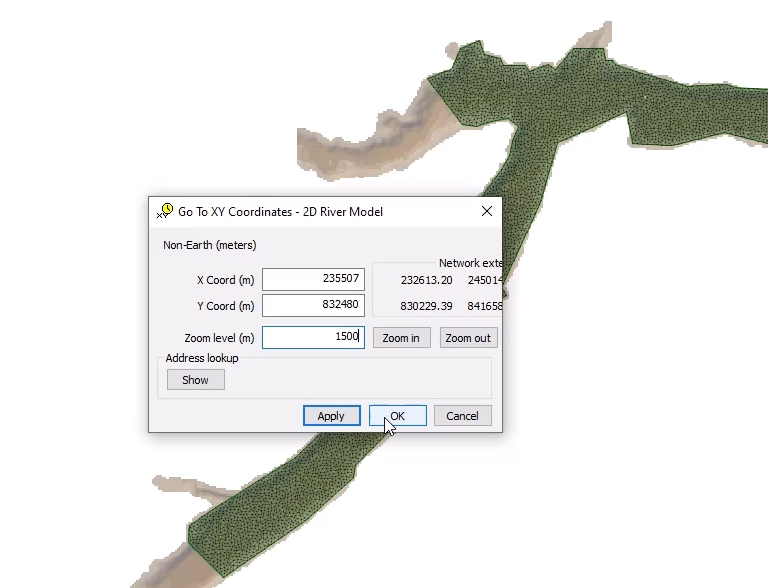 The Go to xy coordinates popup with options configured for this example; and behind, in the GeoPlan, the 2D river model with the ground model removed.