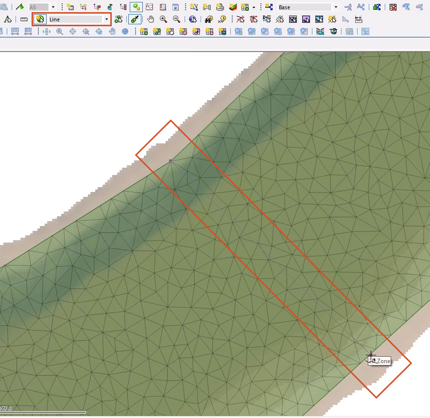 In the GeoPlan Tools toolbar, the New Object button and New Object Type drop-down with Line selected, both highlighted in red, and in the GeoPlan, a line drawn across the width of the 2D zone, outlined by a long, red rectangle.