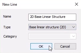 The New Line popup, with the Name and Type fields set, and OK selected.