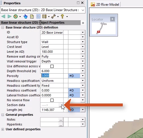 The Properties window for the base linear structure, with Structure type, Crest level, and other values configured for this example, and in the Section data field, the More (…) button selected and called out.