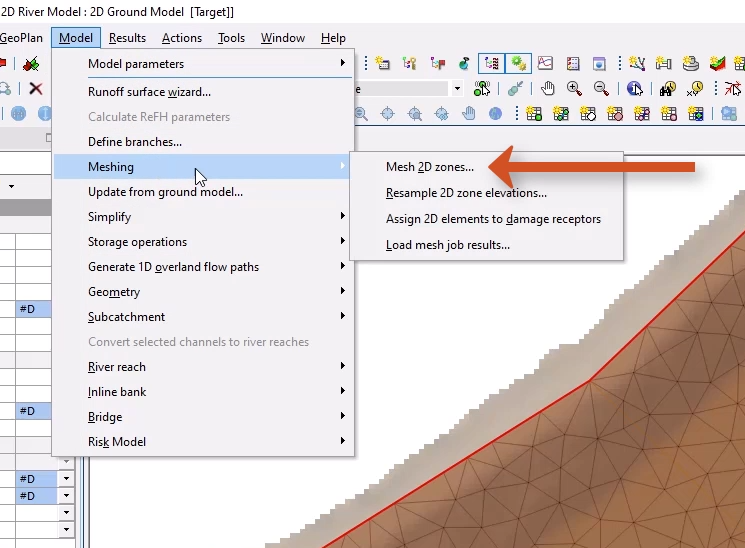 The Model menu with Meshing selected, and in the flyout, Mesh 2D zones called out with a red arrow.