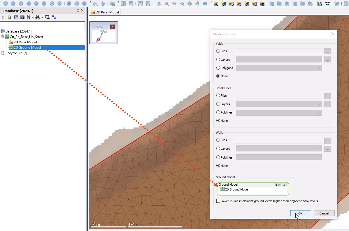 A red arrow shows the path of the 2D Ground Model from the Database to the Ground Model group box of the open Mesh 2D Zones dialog box, where it now appears.