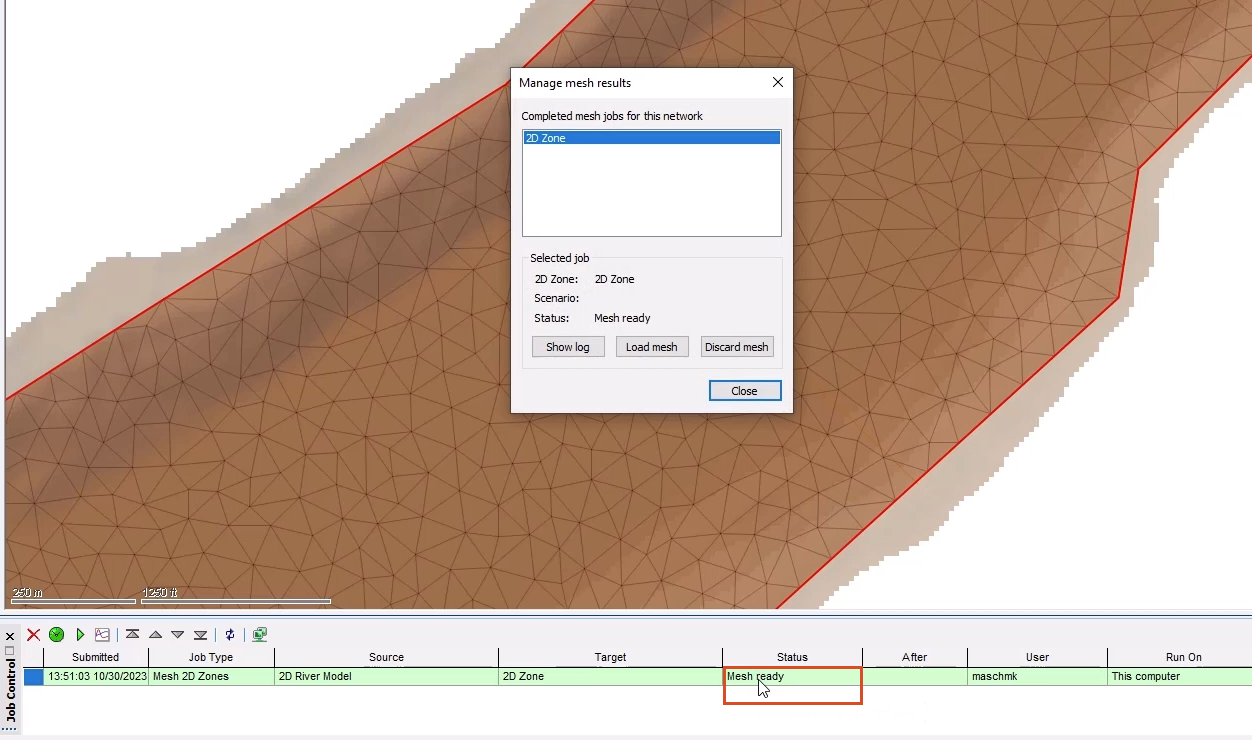 In the Job Control window, the mesh job listed in green and the Mesh ready status highlighted in red; and on the GeoPlan, the Manage mesh results dialog box, with the 2D Zone mesh job selected.