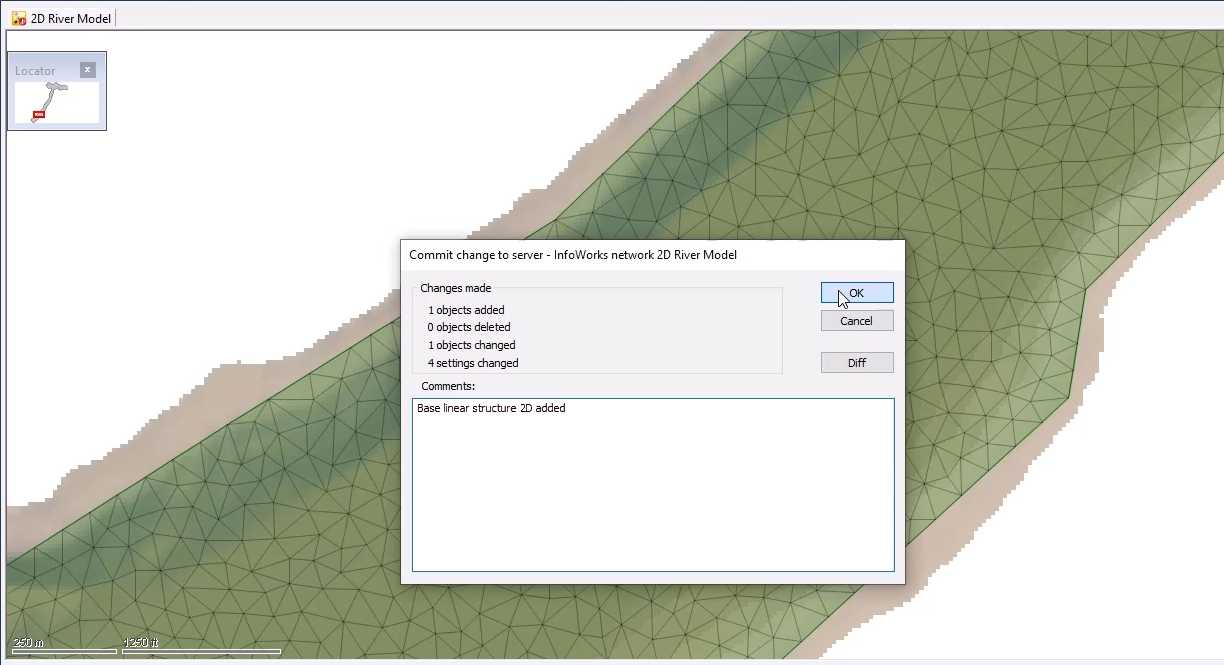 The Commit change to server dialog box, with a comment entered and OK selected; and in the GeoPlan, the validated 2D river model with the 2D base linear structure incorporated into the mesh.