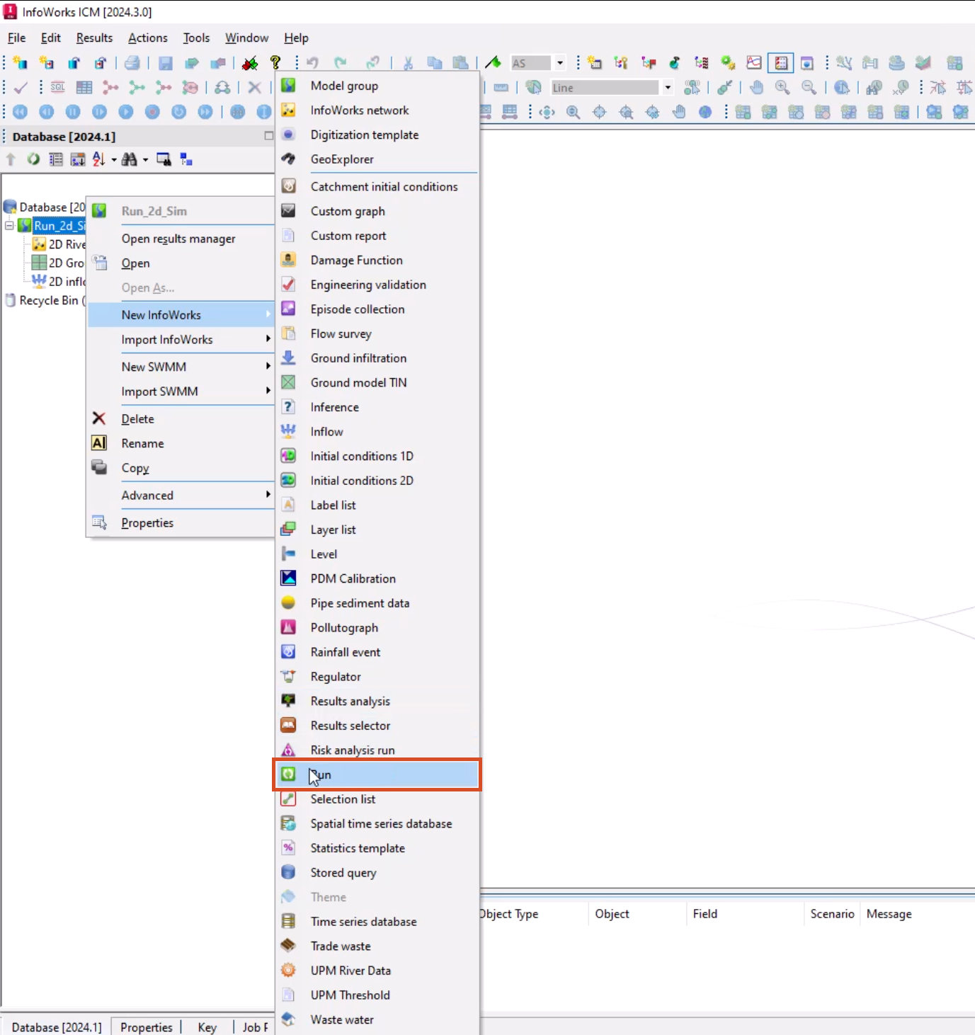 In the InfoWorks ICM interface, the Model Group shortcut menu with New InfoWorks selected, and in the flyout, Run selected.