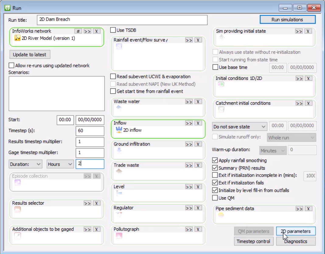 The Run dialog box, with options configured for this example, and 2D parameters selected.