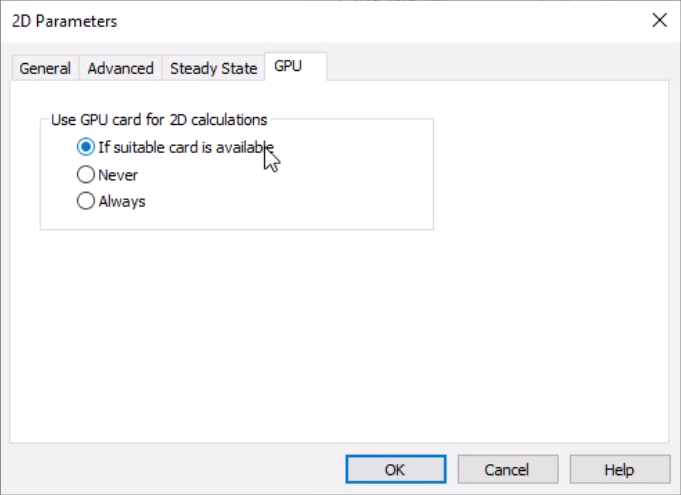 In the 2D Parameters dialog box, the GPU tab, with If suitable card available selected.