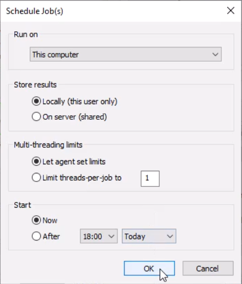 The Schedule Job(s) dialog box for the configured simulation, with OK selected.