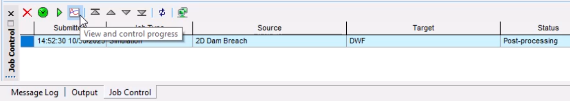 The Job Control window, with the simulation job listed in blue, and the View and control progress button being selected.