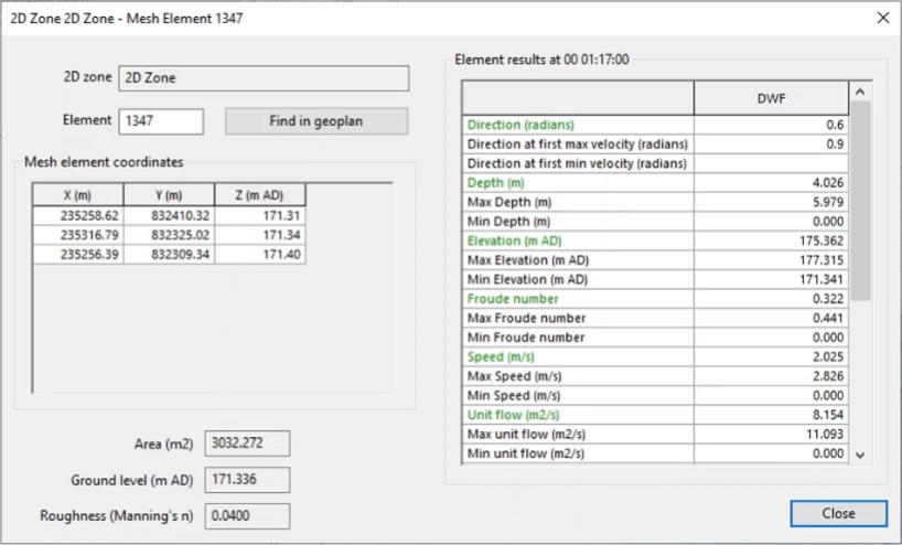 The element properties dialog box, individual element results for the current timestep, with time-varying information highlighted in green.