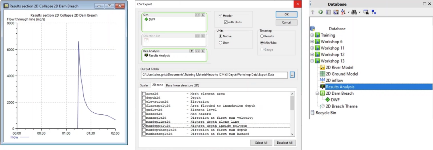 Three images side-by side, with a results section graph on the left, the CSV Export dialog box in the middle, and on the right, the Explorer window, with a results analysis item highlighted.