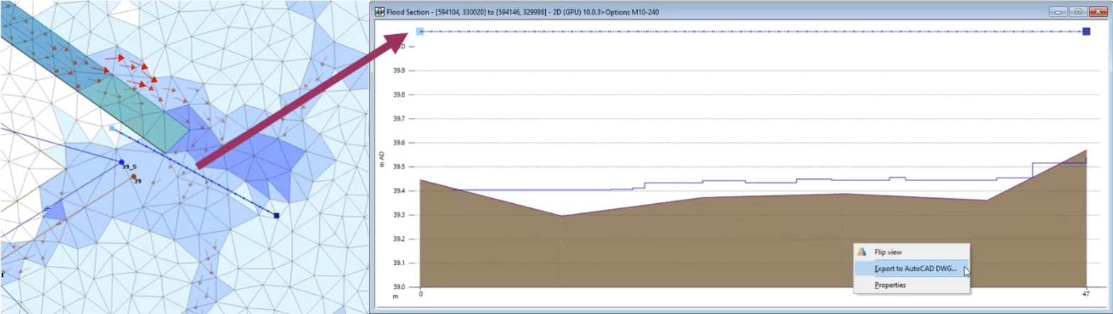 Two images side-by-side, with a section drawn in the open simulation on the left, and a red arrow connecting the drawn section to the flood section view on the right, where Export to AutoCAD DWG is selected in the context menu.