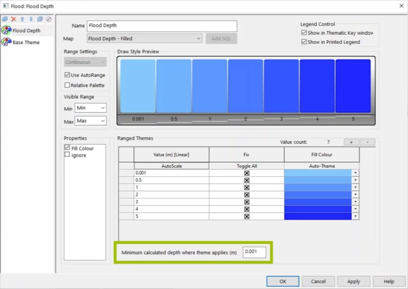 The Layer Theme Editor, with settings for the Flood Depth sub theme configured, and the minimum calculated depth where theme applies (m) setting adjusted and highlighted.