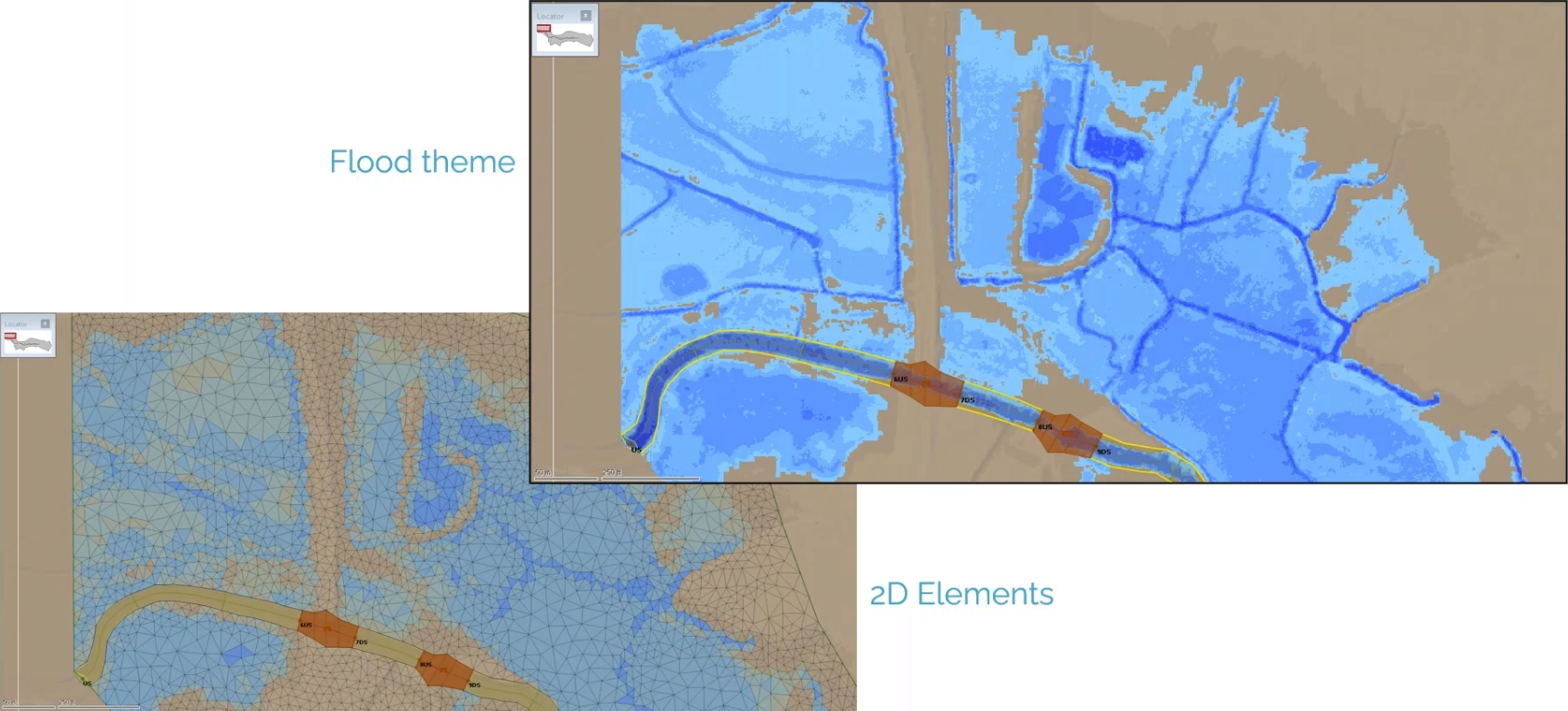 Examples of a 2D elements theme and a flood theme for the same area of the model, with the flood theme showing some details lost in meshing and a more complete picture of water level results.