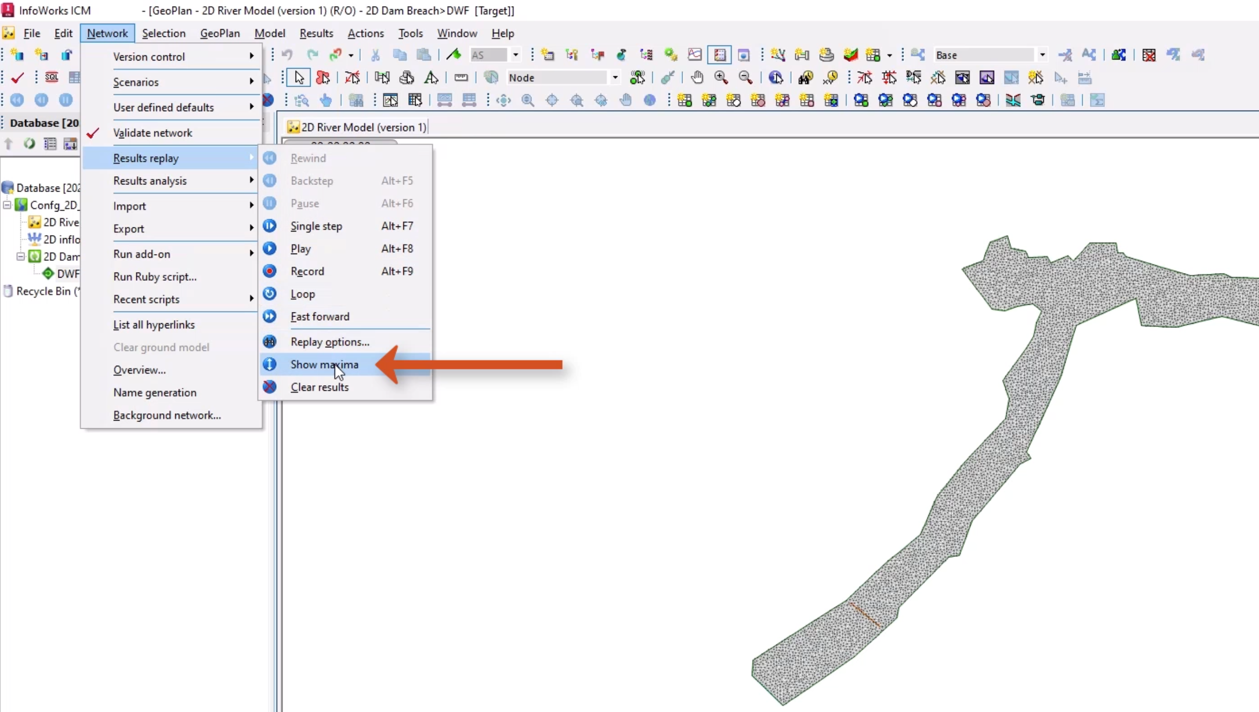 In the InfoWorks ICM interface, on the GeoPlan, the 2D model open with simulation results applied, and in the Network menu, Results replay selected, with Show maxima selected in the flyout.