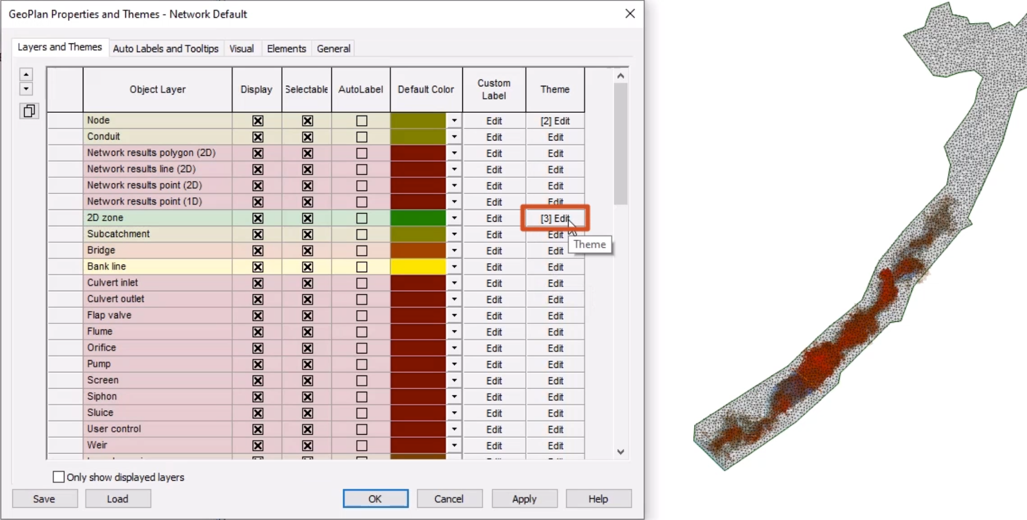 The GeoPlan Properties and Themes dialog box, Layers and Themes tab, with Edit selected and highlighted in the Theme column of the 2D zone object layer; and in the background, the simulation results, with the factory default theme displayed.